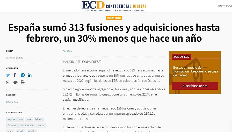 Espaa sum 313 fusiones y adquisiciones hasta febrero, un 30% menos que hace un ao